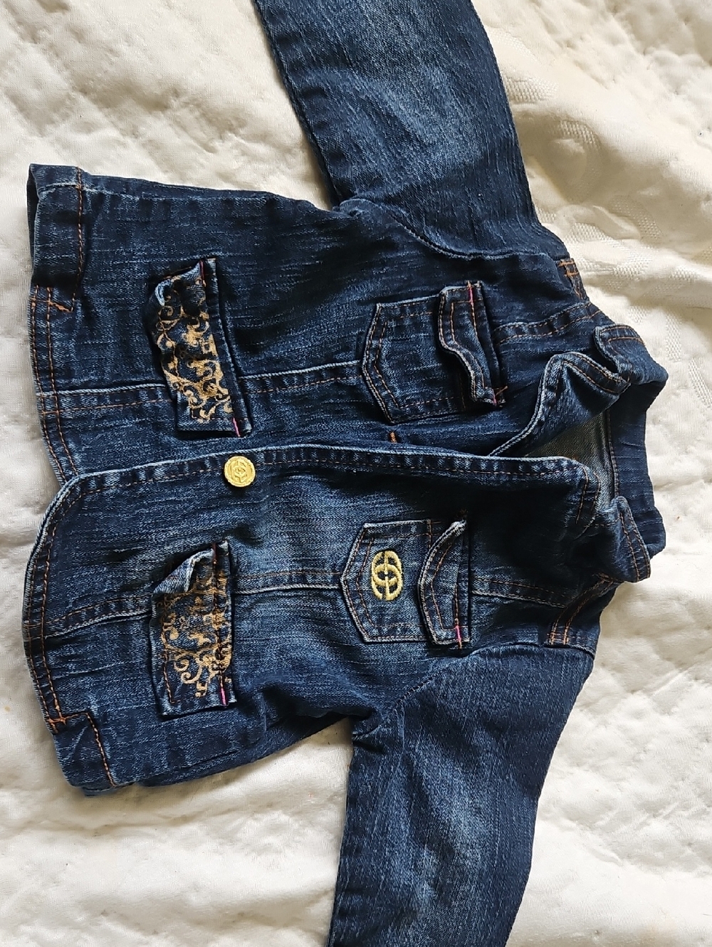 Marc Ecko Dark Blue Denim Jacket with Gold Embroidery Accents